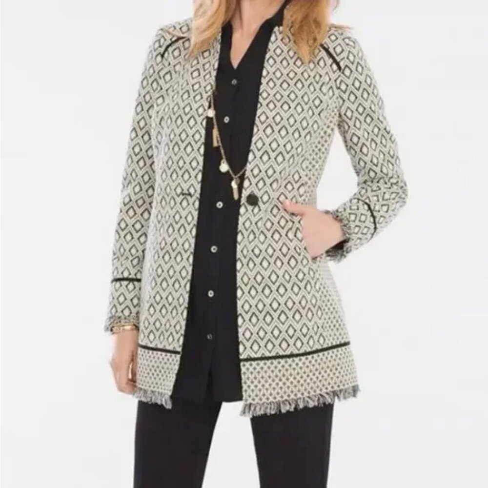Chico’s Ivory Black Gold Fringe Blazer Jacket Pocket (Chico's Size 3‎ / XL)